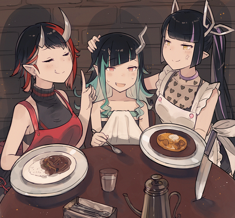 3girls anger_vein apron bangs belt beltbra black_hair black_nails black_shirt black_sports_bra blue_belt blue_hair blunt_bangs blush breasts chest_belt closed_eyes closed_mouth commentary_request cup curry curry_rice demon_girl demon_horns ear_piercing false_smile fang flat_chest food frilled_apron frills hanarito hand_on_another's_head heart heart_print holding holding_spoon horns index_finger_raised knife kojo_anna large_breasts long_hair looking_at_another medium_breasts multicolored_hair multiple_girls open_mouth piercing planted planted_knife plate pointy_ears print_shirt purple_hair red_apron red_eyes redhead rice ryugasaki_rene see-through_shirt shirt shishio_chris short_hair sleeveless sleeveless_shirt smile spoon sports_bra sugar_lyric sweatdrop table teapot twintails two-tone_hair upper_body virtual_youtuber water white_apron yellow_eyes