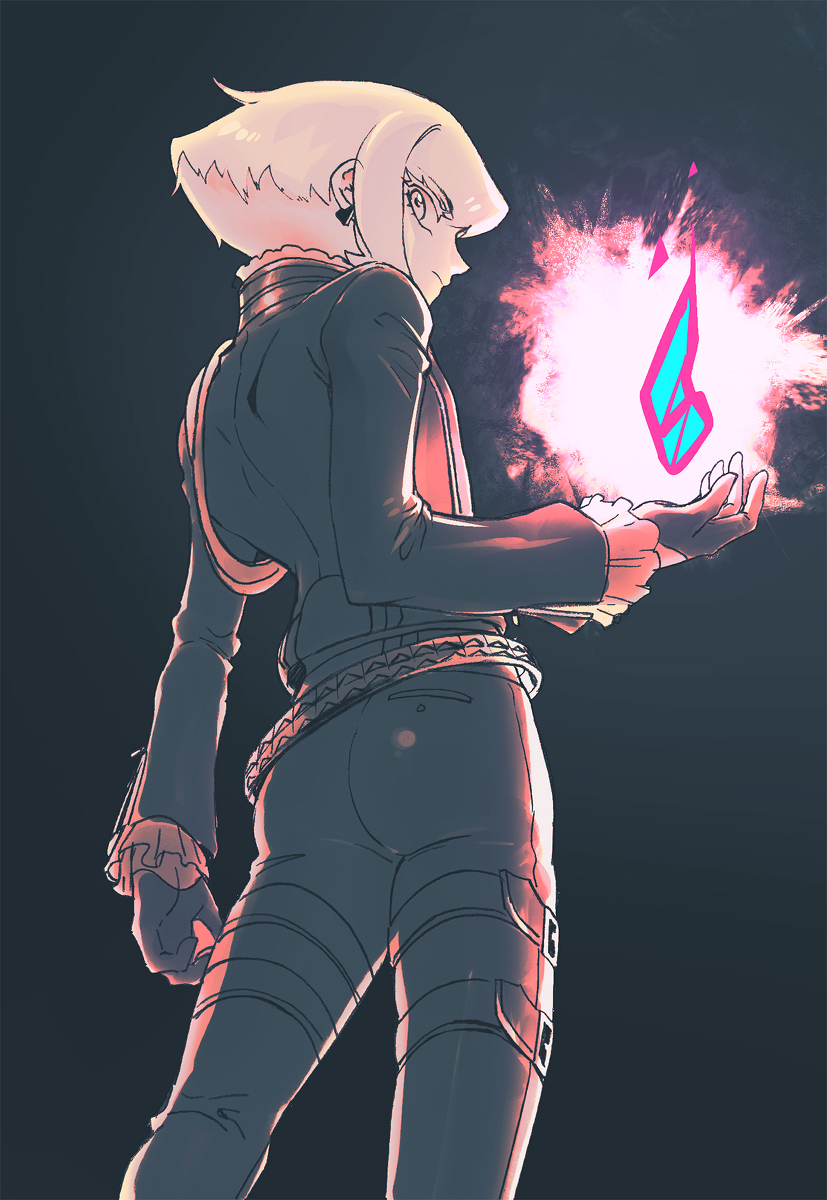 1boy 302 ass blonde_hair blue_fire fire from_behind gloves half_gloves highres lio_fotia male_focus muted_color pants pink_fire promare purple_fire pyrokinesis solo spot_color tight tight_pants violet_eyes