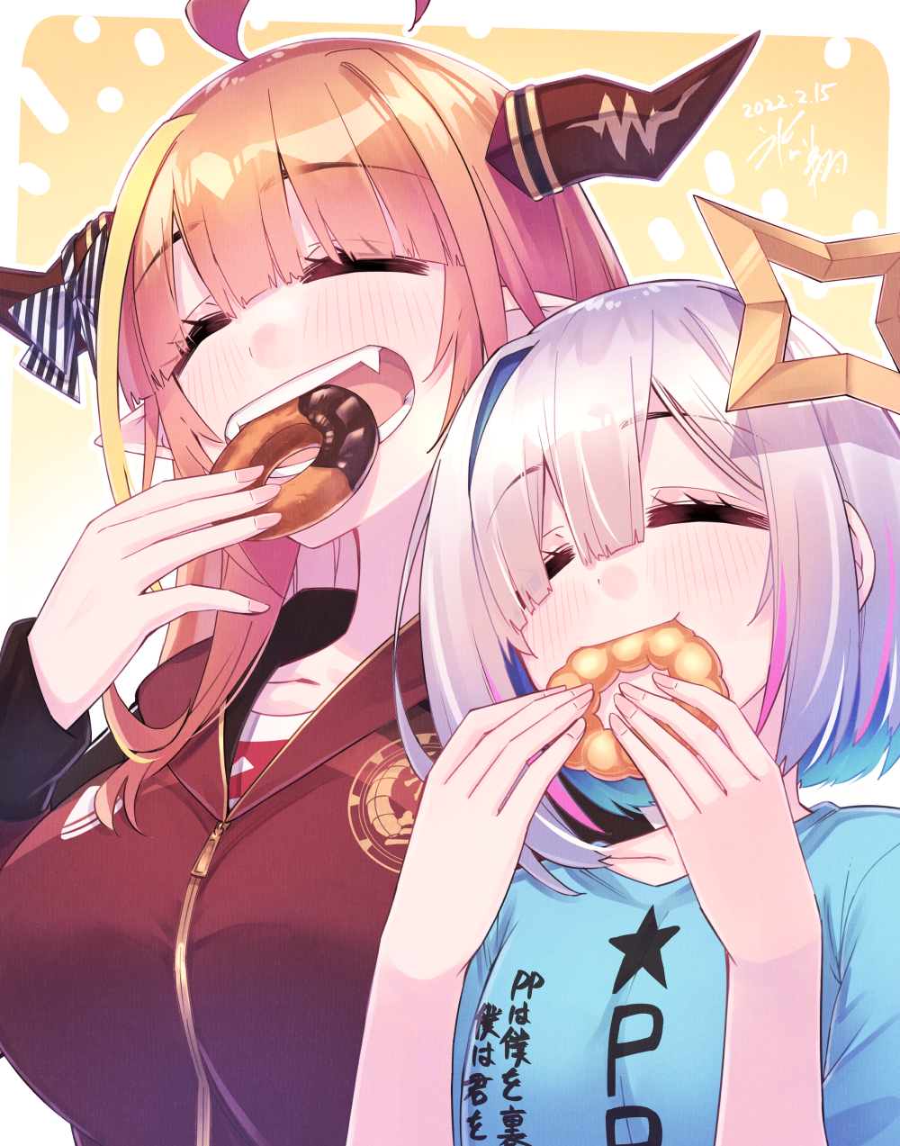 2girls ahoge amane_kanata bangs blonde_hair blue_hair blue_shirt blunt_bangs blush bow closed_eyes collarbone commentary_request dated diagonal-striped_bow doughnut dragon_girl dragon_horns emblem eyebrows_visible_through_hair food food_in_mouth hair_between_eyes hair_over_one_eye halo hand_up hands_up highres hikawa_shou holding holding_food hololive hood hood_down hooded_track_jacket horn_bow horn_ornament horns jacket kiryu_coco logo long_hair long_sleeves multicolored_hair multiple_girls official_alternate_costume open_mouth orange_hair outline pink_hair pointy_ears pon_de_ring pp_tenshi_t-shirt red_jacket shirt short_hair short_sleeves sidelocks signature silver_hair simple_background single_hair_intake star_halo streaked_hair teeth track_jacket upper_body virtual_youtuber white_outline zipper