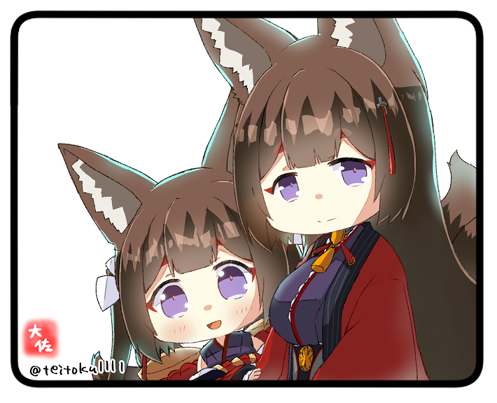 2girls :d amagi-chan_(azur_lane) amagi_(azur_lane) animal_ears azur_lane bangs blunt_bangs brown_hair chibi commentary_request eyebrows_visible_through_hair eyeshadow fox_ears fox_girl fox_tail hair_between_eyes kyuubi long_hair long_sleeves looking_at_viewer makeup mother_and_daughter multiple_girls multiple_tails namesake off-shoulder_kimono rope shimenawa sidelocks simple_background smile tail taisa_(kari) thick_eyebrows twintails violet_eyes white_background wide_sleeves