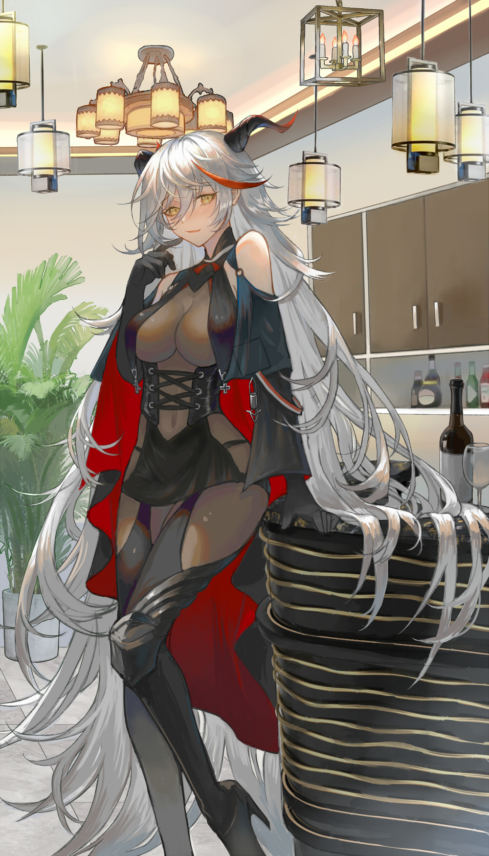1girl absurdly_long_hair aegir_(azur_lane) asymmetrical_footwear azur_lane bare_shoulders black_cape black_footwear black_gloves bodystocking boots bottle breast_curtains breasts cape cross cross-laced_clothes demon_horns elbow_gloves gloves hair_between_eyes high_heels highres horns indoors iron_cross kitchen knee_boots lamp large_breasts long_hair looking_at_viewer multicolored_hair plant potted_plant redhead single_knee_boot solo streaked_hair two-tone_hair underbust uneven_footwear very_long_hair white_hair wine_bottle yellow_eyes zel_(o_q)