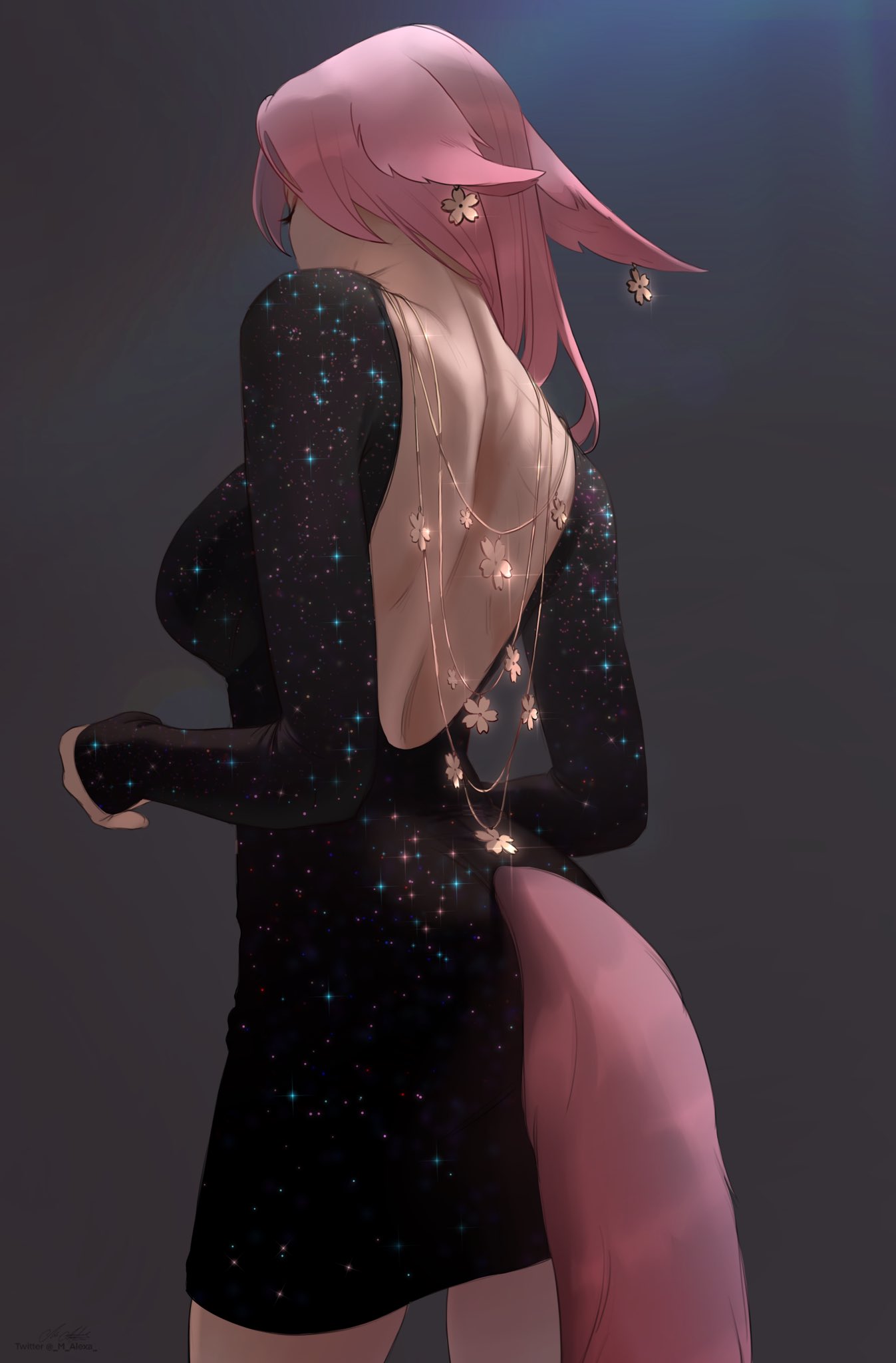 1girl animal_ears arms_at_sides back_cutout black_background black_dress breasts cherry_blossoms clothing_cutout commentary dress earrings floppy_ears flower flower_(symbol) flower_earrings flower_necklace fox_ears fox_girl fox_tail from_behind genshin_impact glint highres jewelry large_breasts long_sleeves m_alexa necklace print_dress shoulder_blades solo sparkle_print tail yae_miko