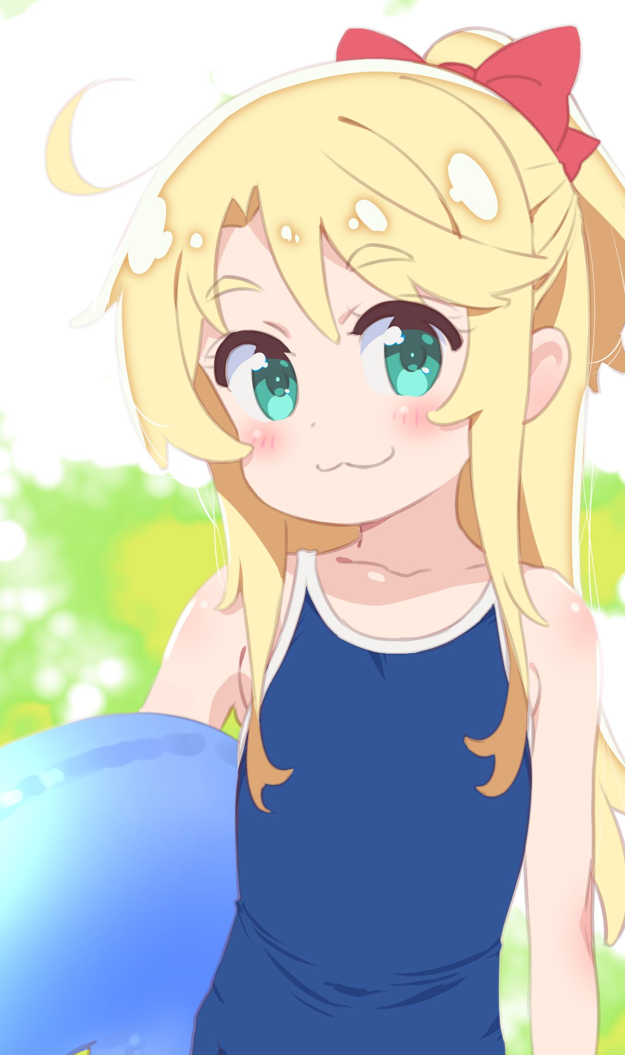 1girl :3 aqua_eyes bangs bare_arms bare_shoulders blonde_hair blue_swimsuit blurry blurry_background blush bow character_request closed_mouth collarbone commentary_request competition_school_swimsuit copyright_request day eyebrows_visible_through_hair flat_chest hair_between_eyes hair_bow high_ponytail highres himesaka_noa long_hair looking_at_viewer one-piece_swimsuit outdoors ponytail red_bow saeki_tatsuya school_swimsuit sidelocks smile solo swimsuit thick_eyebrows very_long_hair watashi_ni_tenshi_ga_maiorita! white_background