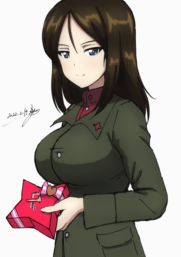 1girl black_hair blue_eyes blush breasts bukkuri closed_mouth dated girls_und_panzer large_breasts long_hair looking_at_viewer military military_uniform nonna_(girls_und_panzer) pravda_military_uniform shiny shiny_hair simple_background smile solo uniform upper_body valentine white_background
