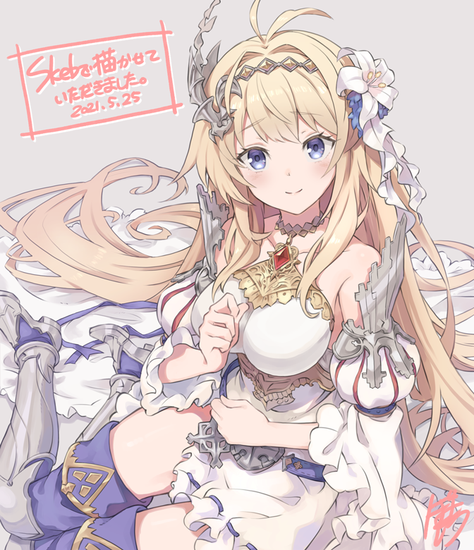 1girl antenna_hair armored_boots bangs bare_shoulders belt blonde_hair blue_eyes blush boots botamochi_(exwelder) breasts commission detached_sleeves dress flower granblue_fantasy grey_background hair_flower hair_intakes hair_ornament hand_up jeanne_d'arc_(granblue_fantasy) large_breasts long_hair looking_at_viewer ribbon-trimmed_dress signature simple_background sitting skeb_commission smile solo strapless strapless_dress thigh-highs thigh_boots very_long_hair white_dress yokozuwari