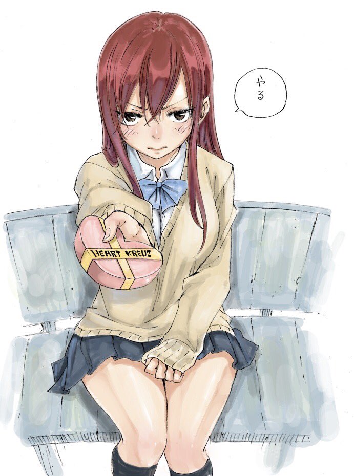 1girl bench black_legwear blush bow box breasts brown_eyes contemporary erza_scarlet fairy_tail gift gift_box heart heart-shaped_box incoming_gift kneehighs large_breasts long_hair long_sleeves mashima_hiro pleated_skirt redhead school_uniform sitting skirt sleeves_past_wrists solo speech_bubble sweater valentine