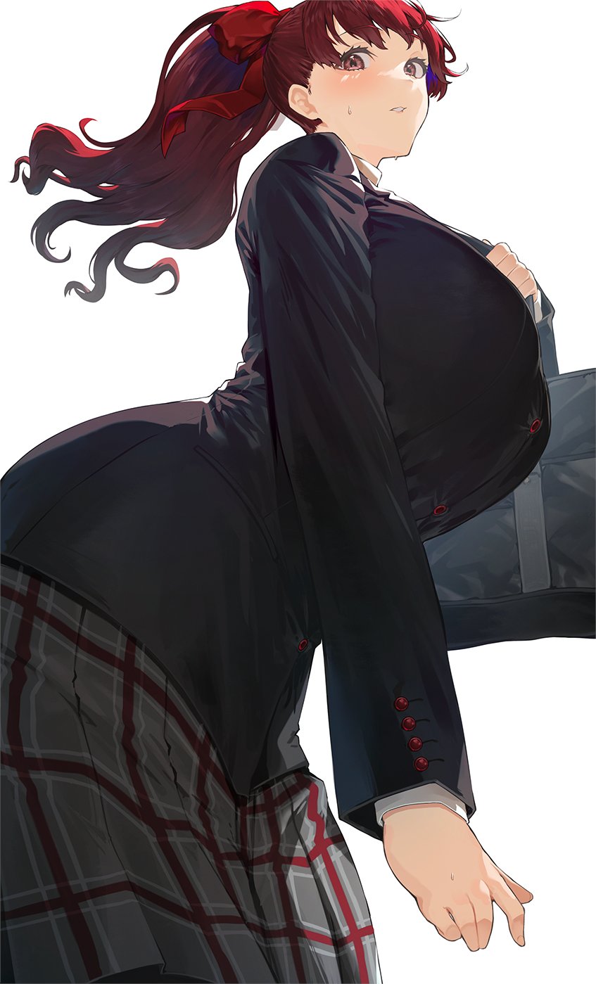 1girl alternate_breast_size bag bangs blazer blush bow breasts coat commentary_request from_below from_side gigantic_breasts hair_bow hair_ribbon highres jacket long_hair long_sleeves looking_at_viewer neshia_(tsaqif0309) persona persona_5 persona_5_the_royal plaid plaid_skirt pleated_skirt ponytail red_bow red_ribbon redhead ribbon school_uniform shirt shuujin_academy_uniform simple_background skirt solo white_background yoshizawa_kasumi