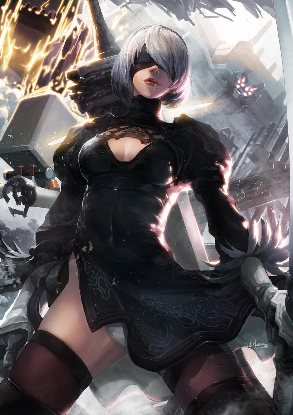 1girl black_blindfold black_dress black_gloves black_legwear blindfold boots breasts cleavage_cutout clothing_cutout cowboy_shot dress facing_viewer feather-trimmed_sleeves floating floating_object floating_sword floating_weapon gloves hexaoyama highres holding holding_sword holding_weapon katana large_breasts leotard long_bangs machine_(nier) mecha mole mole_under_mouth nier_(series) nier_automata pod_(nier_automata) red_lips robot short_hair signature sword thigh-highs thigh_boots thighhighs_under_boots thong_leotard weapon weapon_on_back white_hair yorha_no._2_type_b