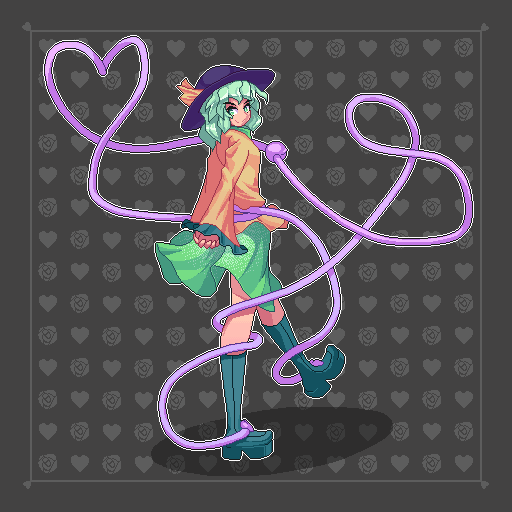 1girl bangs black_background black_headwear boots closed_mouth floral_background frilled_sleeves frills full_body green_eyes green_footwear green_hair green_skirt hat hat_ribbon heart heart_background heart_of_string komeiji_koishi long_sleeves looking_at_viewer own_hands_together pixel_art potemki11 ribbon rose_background short_hair skirt smile solo third_eye touhou wide_sleeves yellow_ribbon