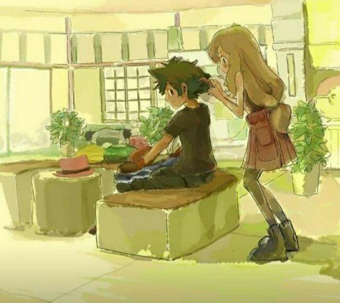 1boy 1girl ash_ketchum black_hair blonde_hair blue_eyes blush couple hair_brushing long_hair looking_back no_hat no_headwear non-web_source pokemon pokemon_(anime) pokemon_(game) pokemon_xy serena_(pokemon)