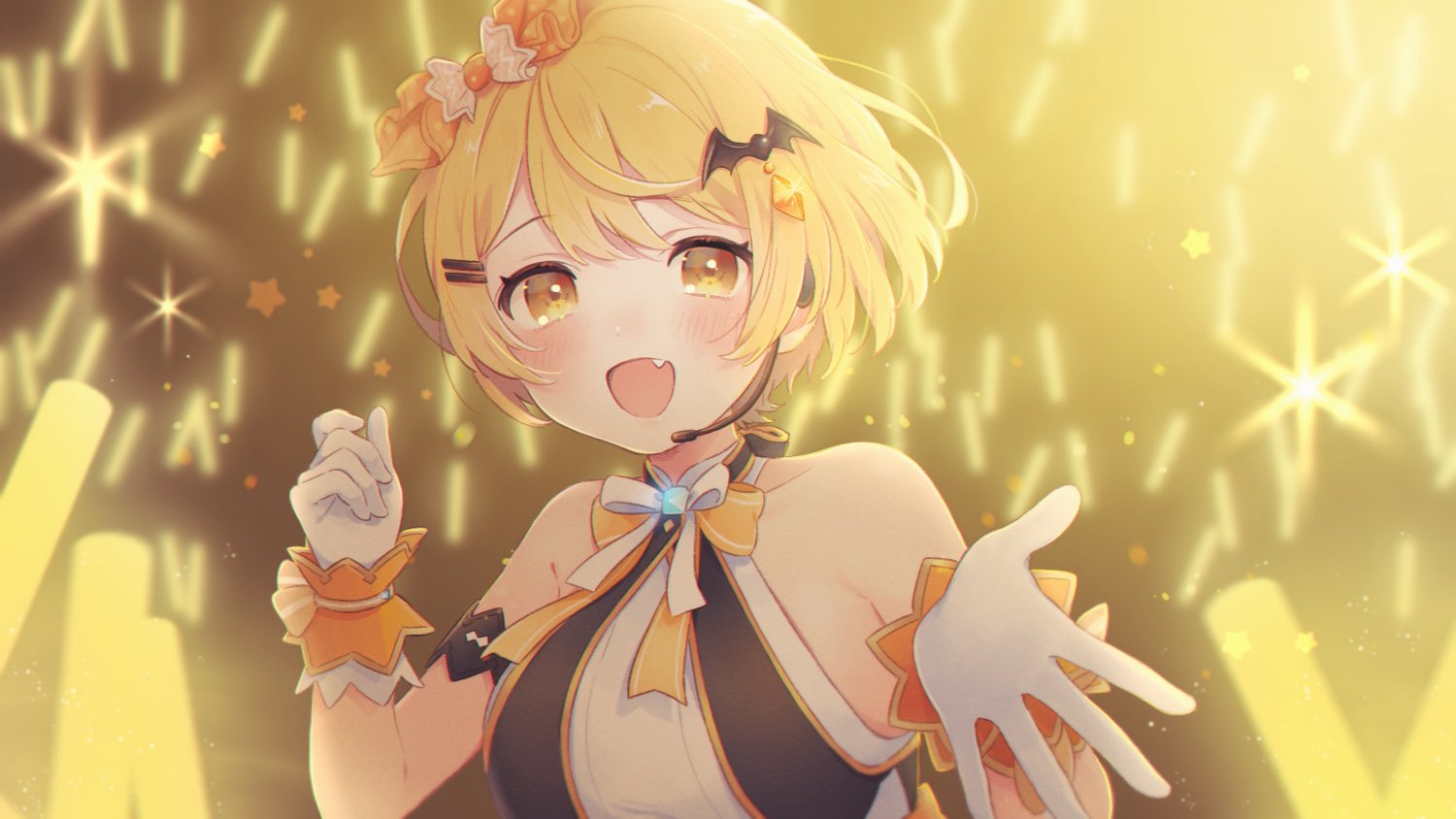 1girl :d armlet bat_hair_ornament blonde_hair blush bow bowtie fang gloves glowstick hair_bow hair_ornament hairclip halter_top halterneck headset hololive hololive_idol_uniform idol looking_at_viewer official_alternate_costume open_mouth orange_bow orange_bowtie petoro_(903pt) reaching_out short_hair sleeveless smile solo upper_body virtual_youtuber white_bow white_bowtie white_gloves wrist_cuffs yellow_eyes yozora_mel