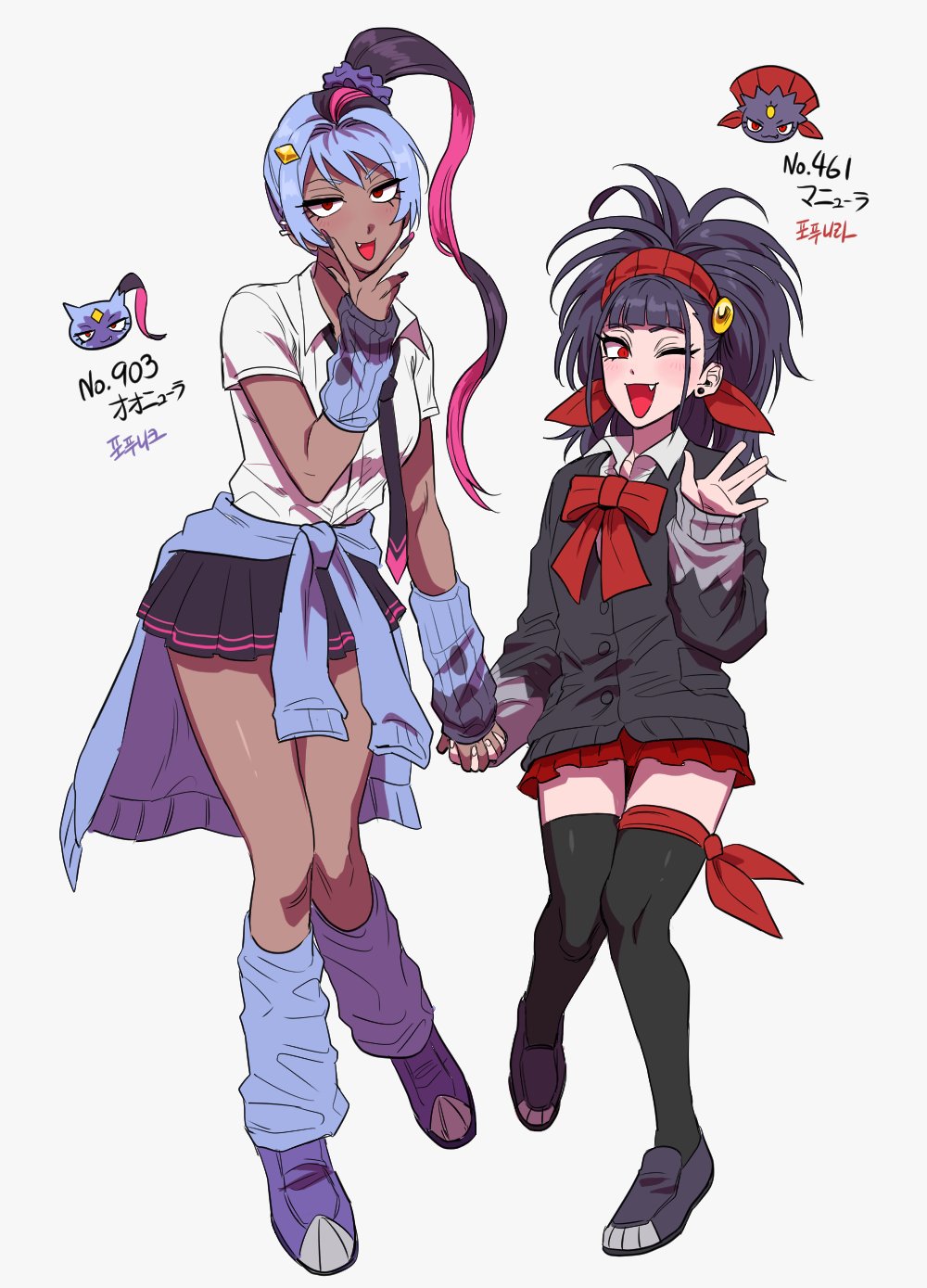 2girls b1b1m_myeon black_hair bow bowtie clothes_around_waist dark-skinned_female dark_skin fang fingernails full_body gyaru hair_ornament headband highres holding_hands long_fingernails loose_necktie loose_socks multiple_girls necktie personification pokemon purple_hair school_uniform side_ponytail simple_background smile sneasler thigh-highs weavile