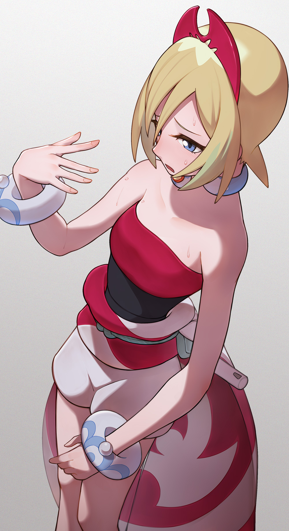 1girl bangs blonde_hair blue_eyes bracelet commentary_request dutch_angle fanning_face fanning_self from_above grey_background highres hot irida_(pokemon) jewelry naoki_eguchi obi obijime pokemon pokemon_(game) pokemon_legends:_arceus sash short_hair shorts simple_background solo standing strapless sweat tube_top white_shorts