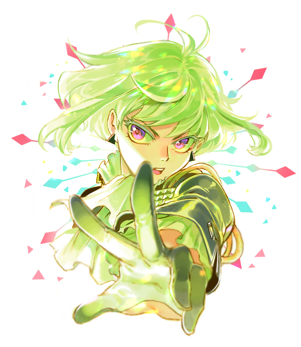1boy 302 black_gloves earrings gloves green_hair green_theme half_gloves highres jewelry lio_fotia male_focus outstretched_hand promare solo violet_eyes