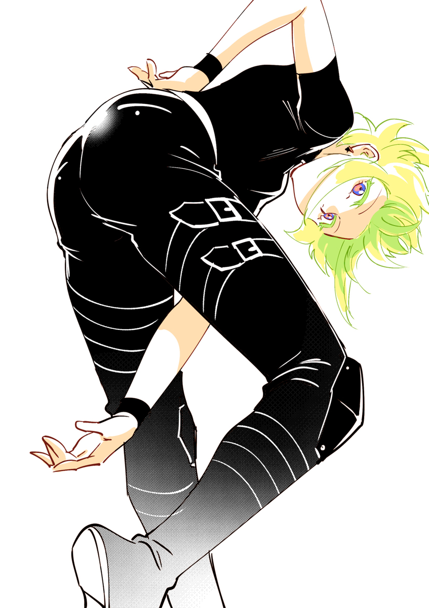 1boy 302 ass bent_over blonde_hair from_behind from_below green_hair highres leather leather_pants lio_fotia male_focus pants promare shirt solo t-shirt violet_eyes