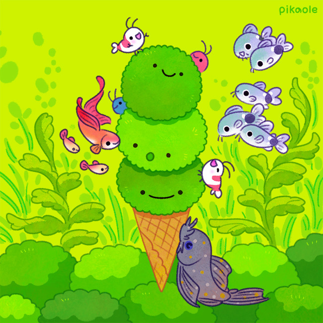 animal animal_focus antennae artist_name closed_eyes closed_mouth commentary english_commentary fins fish food green_background ice_cream ice_cream_cone no_humans open_mouth original pikaole plant shrimp simple_background smile standing swimming tail_fin underwater whiskers
