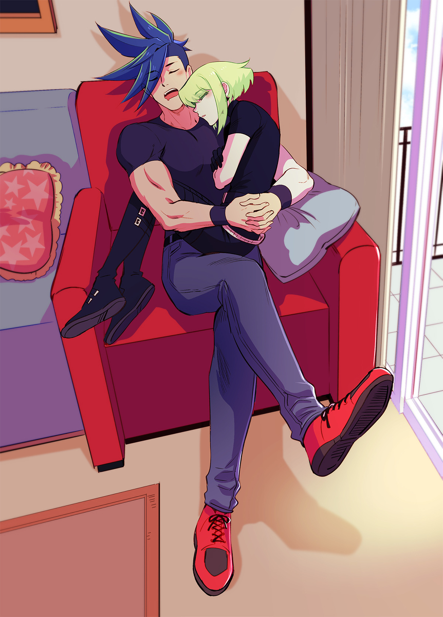 2boys 302 apartment blue_hair casual couch galo_thymos green_hair highres indoors lio_fotia male_focus multiple_boys promare shirt sitting sitting_on_lap sitting_on_person sleeping spiky_hair t-shirt
