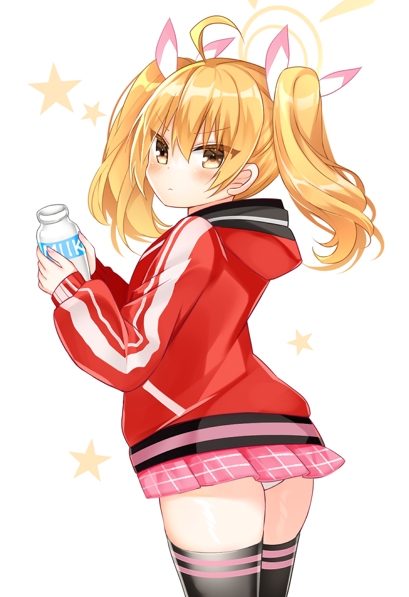 1girl ahoge bangs black_legwear blonde_hair blue_archive blush bottle brown_eyes closed_mouth english_text eyebrows_visible_through_hair from_behind hair_between_eyes hair_ribbon halo highres holding holding_bottle hood hood_down hooded_jacket jacket long_sleeves looking_at_viewer looking_back milk_bottle panties pink_skirt pleated_skirt puffy_long_sleeves puffy_sleeves red_jacket ribbon shikito simple_background skirt sleeves_past_wrists solo starry_background thigh-highs twintails underwear v-shaped_eyebrows white_background white_panties white_ribbon yoshimi_(blue_archive)