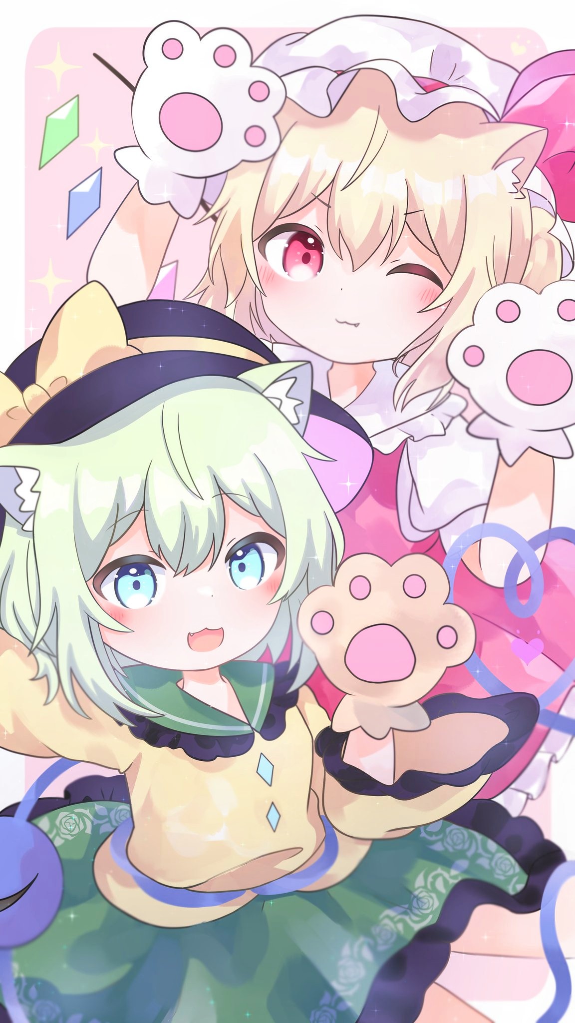 2girls :3 :d ;3 animal_ear_fluff animal_hands blonde_hair blue_eyes blush border bow cat_day crystal eyebrows_behind_hair fang fang_out feet_out_of_frame flandre_scarlet floral_print frilled_shirt_collar frills gloves green_skirt hair_between_eyes hands_up hat hat_bow highres kemonomimi_mode komeiji_koishi looking_at_viewer medium_hair mob_cap multiple_girls one_eye_closed one_side_up open_mouth outside_border pafe_haumen paw_gloves petticoat pink_background pink_bow pink_eyes red_skirt red_vest shirt silver_hair skirt smile sparkle touhou vest white_border white_headwear wings yellow_shirt