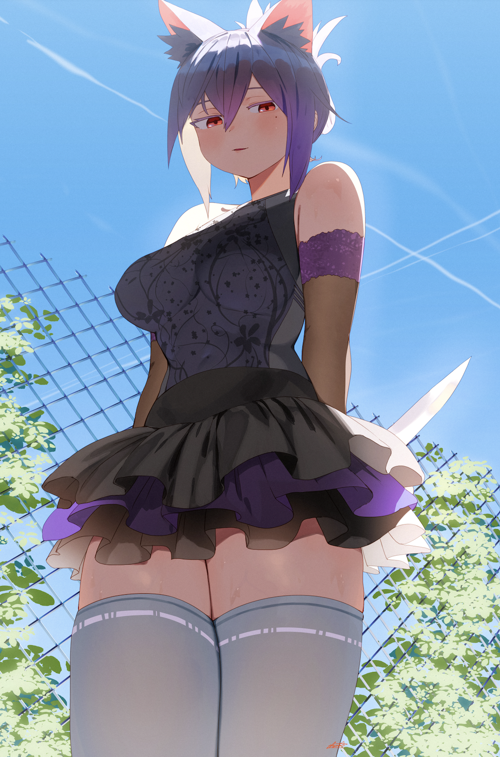 1girl animal_ear_fluff animal_ears arms_behind_back bare_shoulders black_gloves black_skirt blue_shirt blue_sky breasts cat_ears chain-link_fence commentary commission contrail day elbow_gloves english_commentary fence gloves grey_legwear hair_between_eyes highres holding holding_knife knife legs_together looking_at_viewer medium_breasts mole mole_under_eye original outdoors parted_lips pleated_skirt purple_hair purple_skirt red_eyes ryusei_hashida shirt shirt_tucked_in short_hair skirt sky sleeveless sleeveless_shirt solo standing thigh-highs zettai_ryouiki