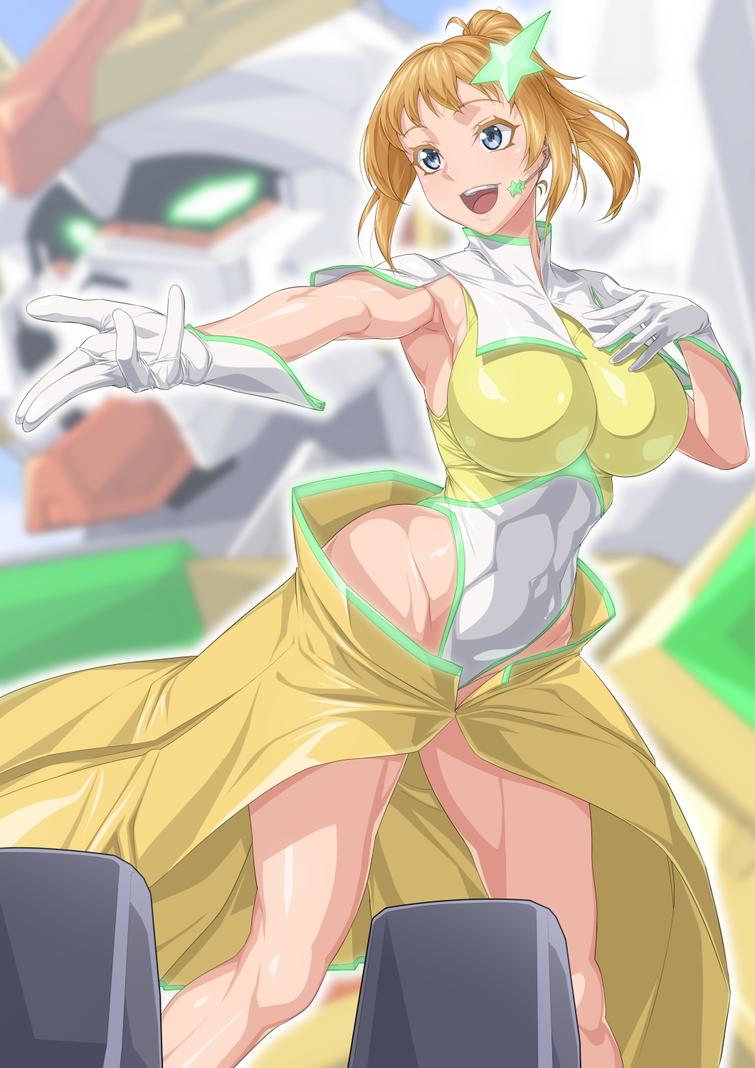 1girl :d abs armpits bangs blue_eyes blurry blurry_background breasts brown_hair cape capelet character_request commentary_request cosplay covered_navel cowboy_shot earpiece gloves groin gundam gundam_build_fighters gundam_build_fighters_try gundam_seed gundam_seed_destiny hair_ornament hand_on_own_chest highleg highleg_leotard highres hoshino_fumina impossible_clothes impossible_leotard large_breasts leotard looking_to_the_side mecha meer_campbell meer_campbell_(cosplay) music open_mouth outstretched_arm ozaneko partial_commentary ponytail sidelocks singing smile solo_focus standing star_(symbol) star_hair_ornament teeth two-tone_leotard upper_teeth waist_cape white_capelet white_gloves white_leotard yellow_cape yellow_leotard