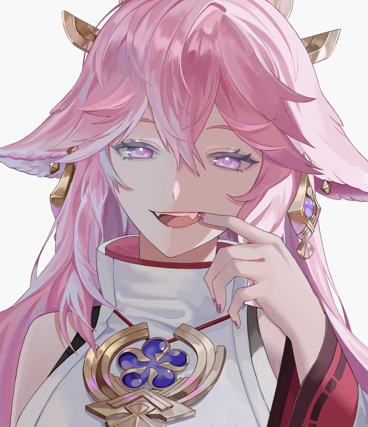 1girl animal_ears face fangs finger_in_mouth fox_ears genshin_impact hair_between_eyes hair_ornament half-closed_eyes highres japanese_clothes miko nail_polish nugag open_mouth pink_hair pink_nails smile solo teeth upper_teeth violet_eyes wide_sleeves yae_miko