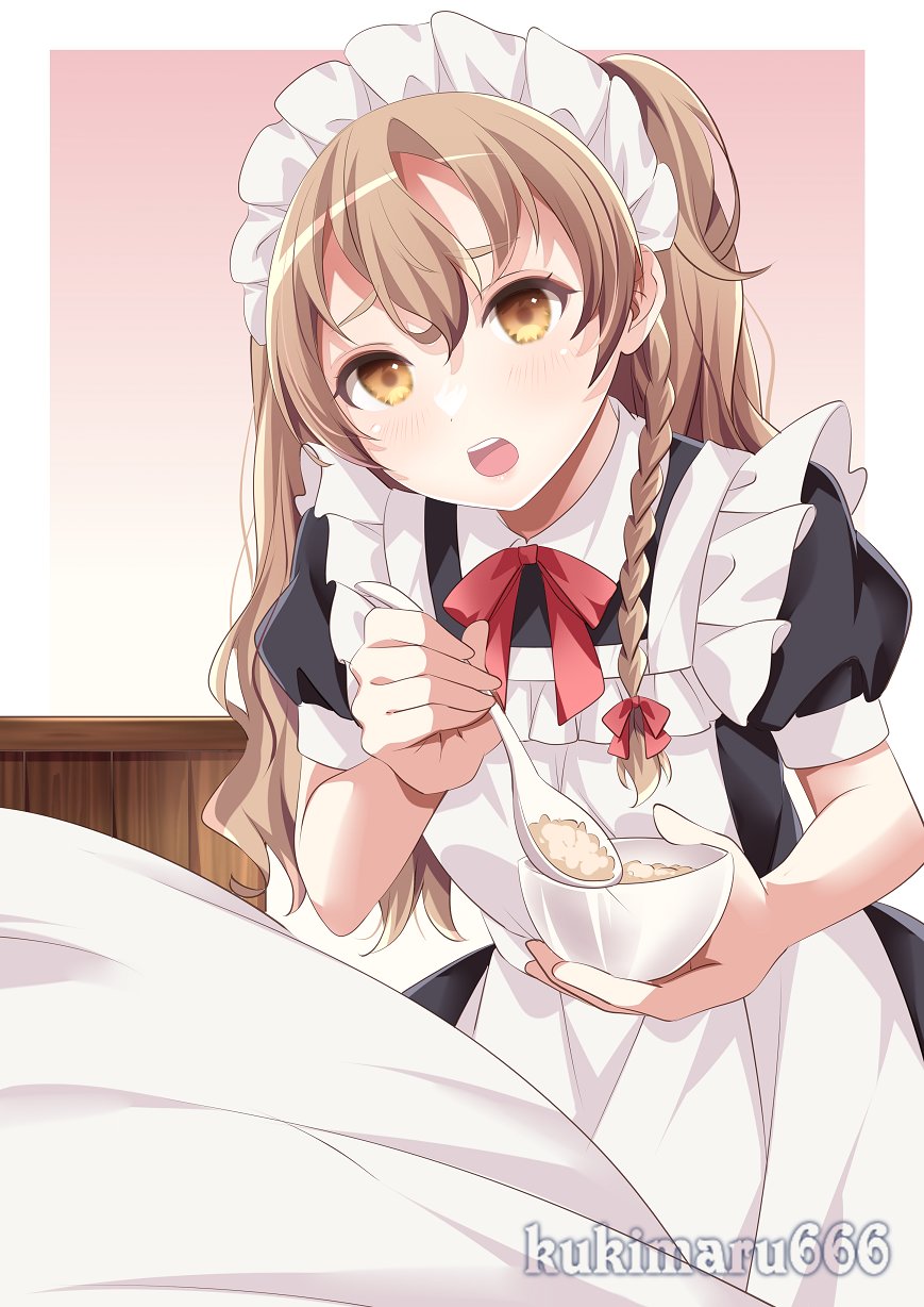 1girl alternate_costume apron black_dress blush border bowl braid brown_eyes dress enmaided food hair_between_eyes highres holding holding_bowl holding_spoon kantai_collection kukimaru light_brown_hair long_hair maid maid_headdress open_mouth puffy_short_sleeves puffy_sleeves short_sleeves solo spoon teeth twitter_username upper_teeth white_apron white_border zara_(kancolle)