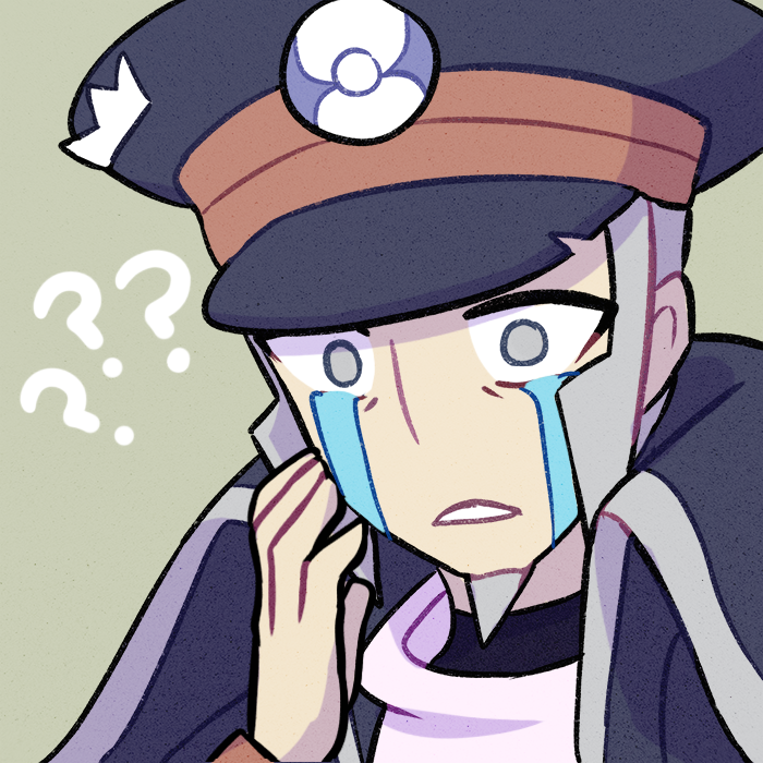 1boy ? ?? beige_background black_coat black_headwear cinamoncune coat commentary confused constricted_pupils crying english_commentary face facial_hair goatee grey_eyes grey_hair hand_to_own_face hand_up hat high_collar ingo_(pokemon) male_focus parted_lips peaked_cap pokemon pokemon_(game) pokemon_legends:_arceus sad shirt short_hair sidelocks simple_background solo streaming_tears tears teeth torn_clothes torn_hat undershirt upper_body watch watch white_shirt