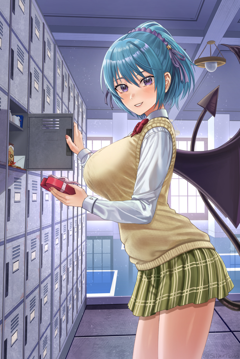 1girl blue_hair bow box breasts demon_girl demon_tail demon_wings green_skirt heart-shaped_box highres holding holding_box kurono_kurumu large_breasts legs locker long_sleeves looking_at_viewer open_mouth plaid plaid_skirt pleated_skirt red_bow rosario+vampire school school_uniform shirt silvertsuki skirt smile solo sweater tail valentine violet_eyes white_shirt wings yellow_sweater
