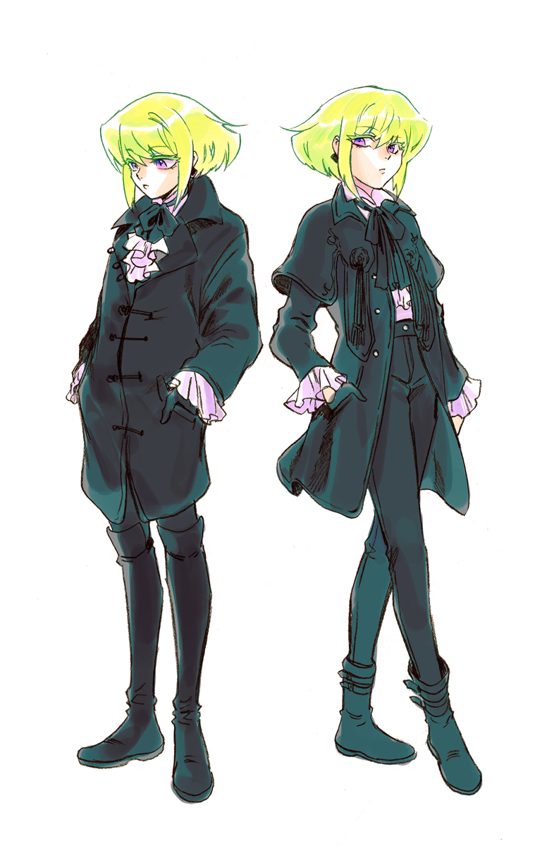 2boys 302 alternate_costume bag boots bow bowtie dual_persona earrings frills full_body gloves green_hair half_gloves highres holding_strap jewelry knee_boots lio_fotia long_coat male_focus multiple_boys peacoat promare standing violet_eyes