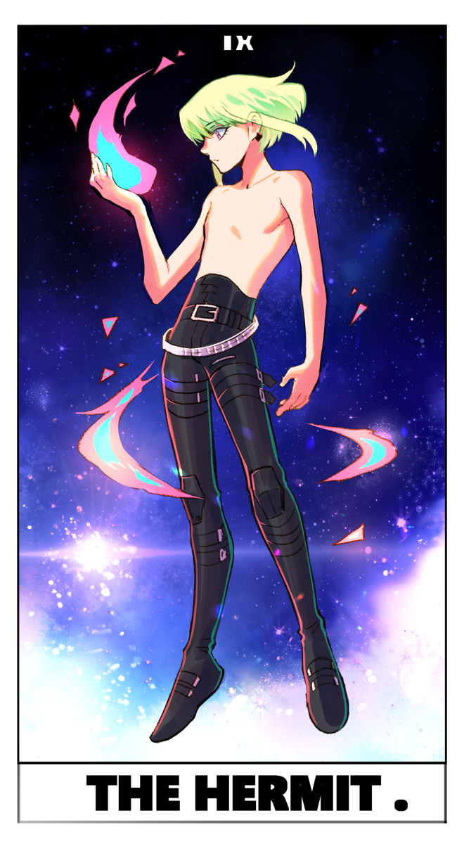 1boy 302 blue_fire fire floating_hair full_body green_fire green_hair highres leather leather_pants lio_fotia male_focus pants promare purple_fire pyrokinesis sky solo standing star_(sky) starry_sky tarot topless_male violet_eyes