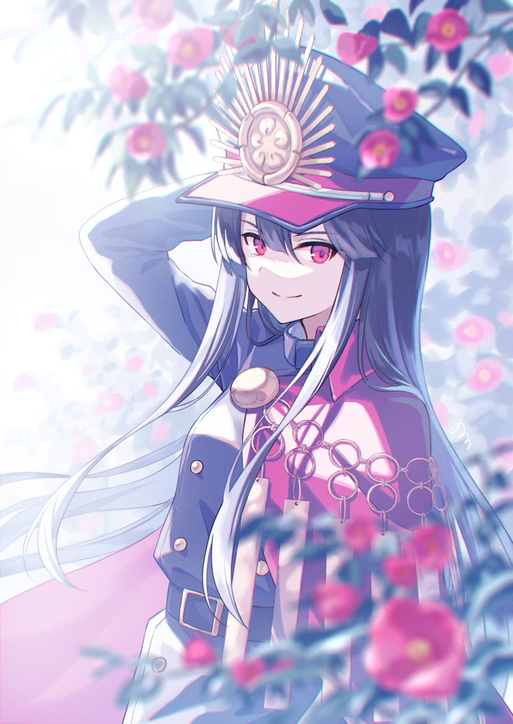 1girl arm_behind_head arm_up bangs belt black_hair black_headwear blurry blurry_foreground cape family_crest fate/grand_order fate_(series) flower hair_between_eyes hat highres long_hair long_sleeves looking_at_viewer military military_hat military_uniform nonono_(nononotea) oda_nobunaga_(fate) oda_nobunaga_(koha-ace) oda_uri peaked_cap red_cape red_eyes red_flower sidelocks smile solo uniform upper_body