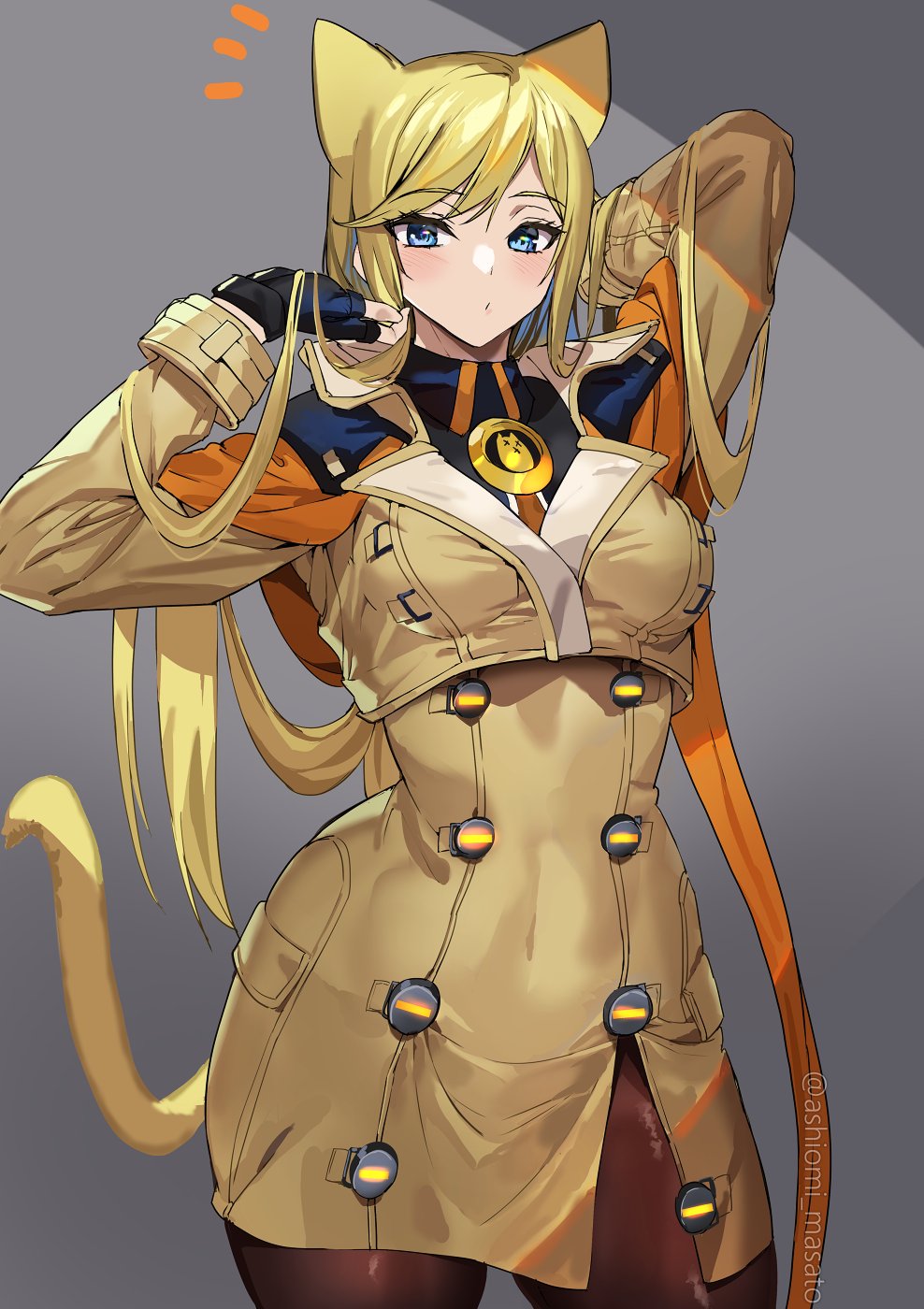1girl animal_ears ashiomi_masato blonde_hair blue_eyes brown_legwear cat_day cat_ears cat_tail coat commentary_request fingerless_gloves gloves guilty_gear guilty_gear_strive highres long_hair millia_rage no_headwear pantyhose solo tail twitter_username watermark