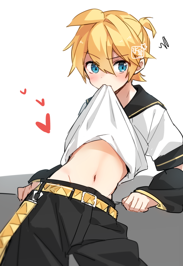 1boy arm_warmers artist_logo belt black_collar black_shorts blonde_hair blue_eyes blush clothes_lift collar collared_shirt commentary cowboy_shot groin heart kagamine_len leaning_forward licking looking_at_viewer male_focus midriff minahoshi_taichi mouth_hold navel raised_eyebrow sailor_collar shirt shirt_in_mouth shirt_lift short_ponytail short_sleeves shorts solo spiky_hair squiggle stomach vocaloid white_shirt