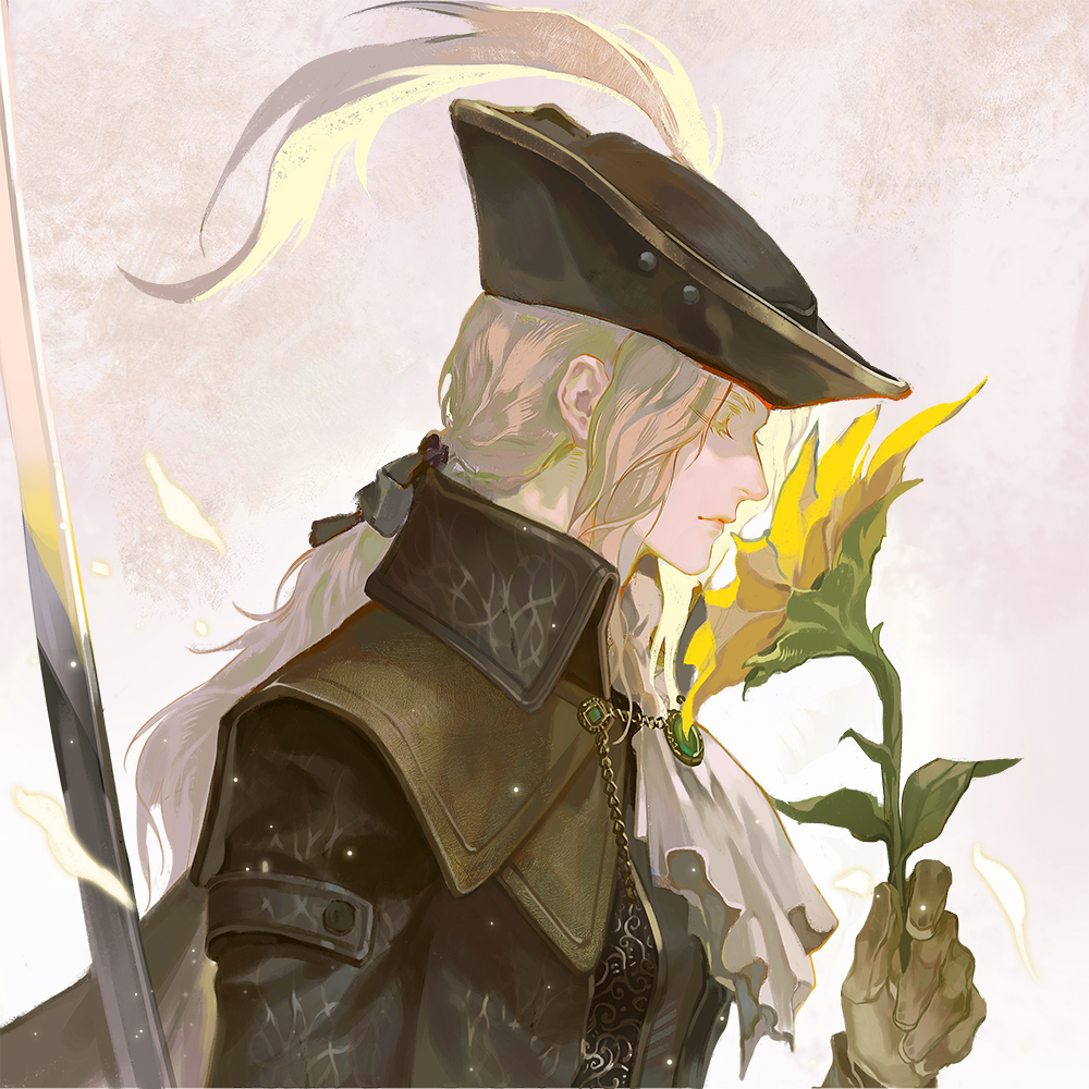 1girl artist_request ascot blonde_hair bloodborne cape closed_eyes coat flower gloves hat hat_feather holding lady_maria_of_the_astral_clocktower long_hair ponytail rakuyo_(bloodborne) simple_background smile solo sunflower sword the_old_hunters tricorne weapon white_hair