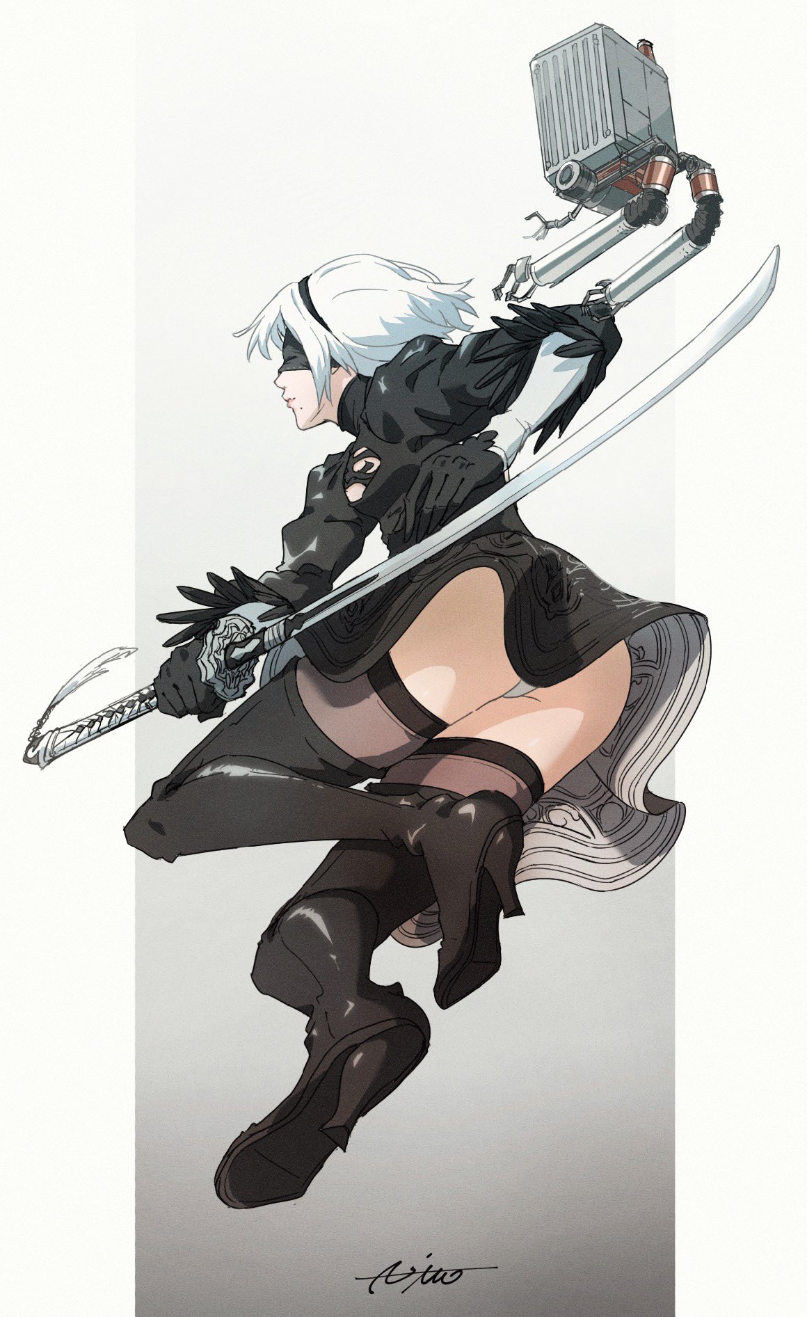 1boy 1girl black_blindfold black_dress black_legwear blindfold boots breasts dress gloves highres holding holding_sword holding_weapon leg_up long_sleeves nier_(series) nier_automata nitro0516 pod_(nier_automata) shadow short_hair signature sword thigh-highs thigh_boots virtuous_contract weapon white_hair yorha_no._2_type_b