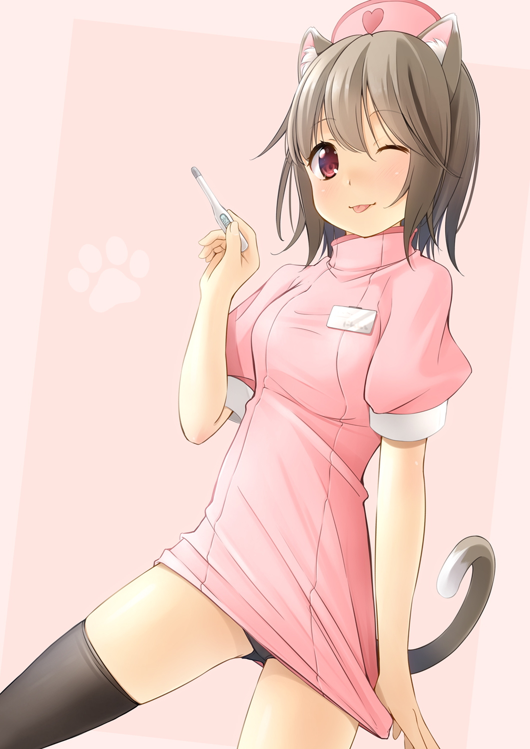 1girl ;p animal_ear_fluff animal_ears black_legwear black_panties blush breasts brown_hair cat_ears cat_girl cat_tail closed_mouth commentary_request dress eyebrows_visible_through_hair hair_between_eyes hand_up hat highres holding nurse nurse_cap one_eye_closed original panties pink_background pink_dress pink_headwear puffy_short_sleeves puffy_sleeves red_eyes shibacha short_sleeves small_breasts smile solo tail thermometer thigh-highs tongue tongue_out underwear