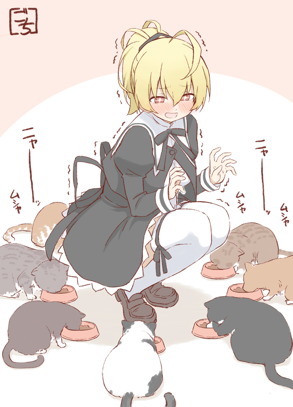 +_+ 1girl ahoge andou_tazusa animal artist_name assault_lily bangs black_ribbon black_skirt blonde_hair blush bowl brown_background brown_footwear cat cat_day commentary_request cropped_jacket eating eyebrows_visible_through_hair full_body hair_between_eyes hair_ribbon hands_up high-waist_skirt highres leg_ribbon legs_together loafers looking_at_animal looking_down neck_ribbon nose_blush open_mouth pet_bowl pet_food ponytail red_eyes ribbon school_uniform shirt shoes short_hair skirt solo squatting surrounded tanin050 thigh-highs tiptoes too_many too_many_cats translation_request trembling two-tone_background white_background white_shirt yurigaoka_girls_academy_school_uniform