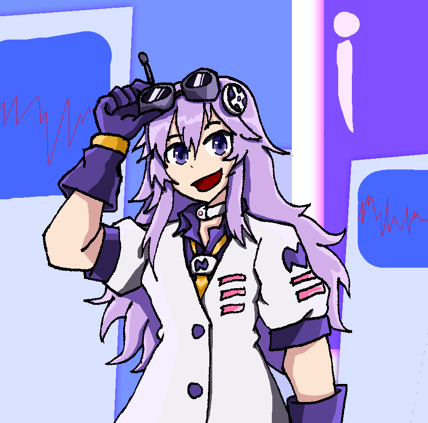 1girl alternate_costume arm_up commentary d-pad d-pad_hair_ornament dress english_commentary gloves goggles goggles_on_head hair_between_eyes hair_ornament long_hair looking_at_viewer necktie nepgear neptune_(series) open_mouth purple_gloves purple_hair radio_antenna redesign ro-beto(artist) self_upload shirt short_sleeves smile solo upper_body violet_eyes white_dress yellow_necktie