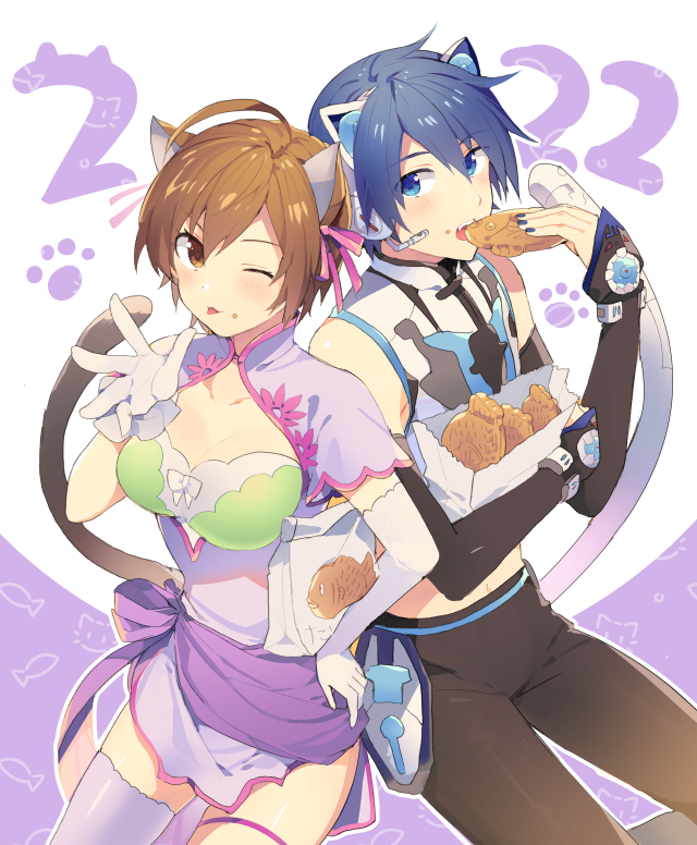 1boy 1girl animal_ears asymmetrical_gloves asymmetrical_legwear bag black_pants black_sleeves blue_eyes blue_hair blue_nails bracelet breast_cutout brown_eyes brown_hair cat_day cat_ear_headphones cat_ears cat_tail commentary contrapposto cosplay cowboy_shot crop_top crumbs detached_sleeves dress eating elbow_gloves fish food food_on_face framed_breasts gloves headphones holding holding_bag holding_food jewelry kaito_(vocaloid) light_blush meiko nail_polish neko_cyber_(module) one_eye_closed pants project_diva_(series) purple_dress purple_legwear shaomei_rin shaomei_rin_(cosplay) shining_(series) shining_hearts shirt shopping_bag side-by-side sinaooo single_elbow_glove single_thighhigh sleeveless sleeveless_shirt symbol-only_commentary tail taiyaki thigh-highs tongue tongue_out vocaloid wagashi white_gloves white_shirt