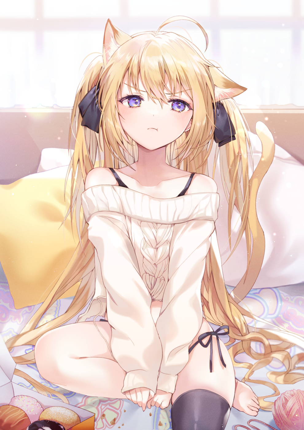 1girl :t ahoge animal_ears aran_sweater bangs bare_shoulders barefoot black_bow black_legwear blonde_hair blurry blurry_background bow cat_day cat_ears cat_girl cat_tail closed_mouth commentary_request curtains dabi_(dabibubi) depth_of_field eyebrows_visible_through_hair food hair_between_eyes hair_bow highres long_hair long_sleeves macaron off-shoulder_sweater off_shoulder on_bed original pastry_box pillow pout puffy_long_sleeves puffy_sleeves single_thighhigh sitting sleeves_past_wrists solo sweater tail tail_raised thigh-highs transparent two_side_up v-shaped_eyebrows very_long_hair violet_eyes white_sweater window yarn yarn_ball