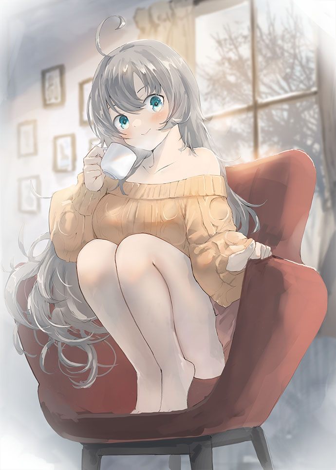 1girl ahoge bare_legs barefoot blush closed_mouth collarbone commission cup curtains grey_eyes hair_between_eyes holding holding_cup kantai_collection long_hair long_sleeves messy_hair off-shoulder_sweater off_shoulder orange_sweater picture_(object) silver_hair skeb_commission smile solo sweater toka_(marchlizard) washington_(kancolle) window