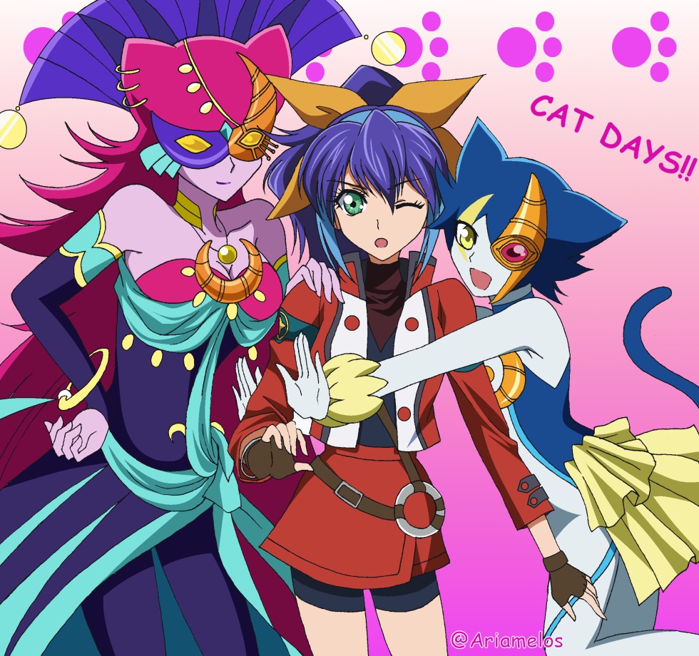 3girls animal_ears ariamelos artist_request blue_hair bow card cat_ears cat_tail commentary_request dagger domino_mask duel_monster female full_moon gloves green_eyes hair_bow jacket jewelry knife lunalight_blue_cat lunalight_cat_dancer mask moon multicolored_hair multiple_girls multiple_tails ponytail revision serena_(yu-gi-oh!) serena_(yuu-gi-ou_arc-v) sword tail toeless_legwear two-tone_hair weapon yu-gi-oh! yu-gi-oh!_arc-v yuu-gi-ou yuu-gi-ou_arc-v