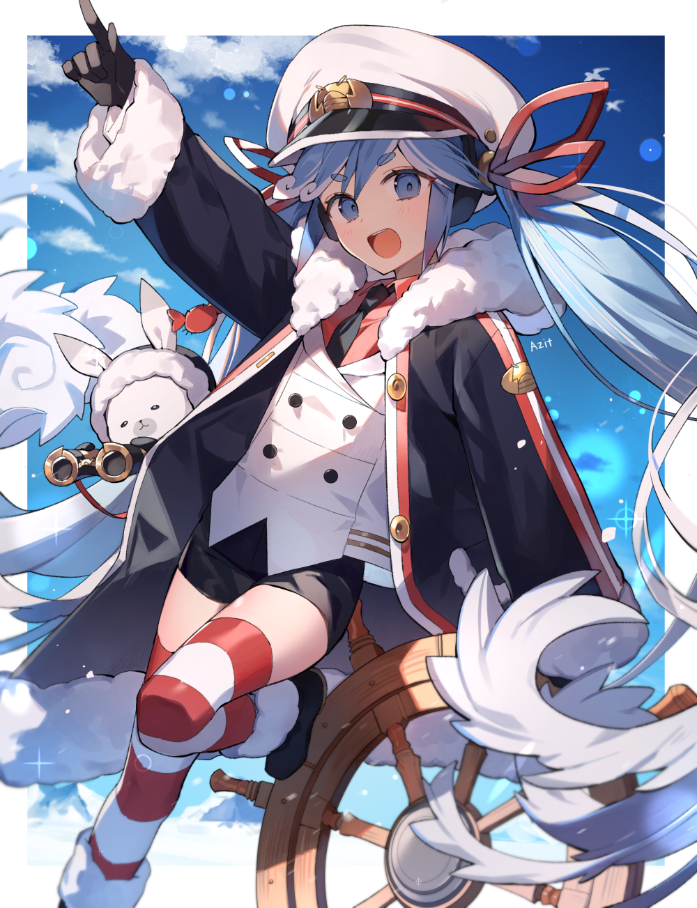 1girl :d animal arm_up azit_(down) binoculars black_footwear black_gloves black_jacket black_necktie black_shorts blue_eyes blue_hair boots clothed_animal collared_shirt commentary crab day fur-trimmed_boots fur-trimmed_jacket fur-trimmed_sleeves fur_trim gloves hat hatsune_miku highres index_finger_raised jacket long_hair looking_at_viewer military military_uniform naval_uniform necktie open_clothes open_jacket outstretched_arm peaked_cap pointing rabbit rabbit_yukine red_shirt ship's_wheel shirt short_eyebrows short_shorts shorts smile standing standing_on_one_leg striped striped_legwear thick_eyebrows thigh-highs thighhighs_under_boots twintails uniform v-shaped_eyebrows very_long_hair vest vocaloid white_headwear white_vest yuki_miku yuki_miku_(2022)