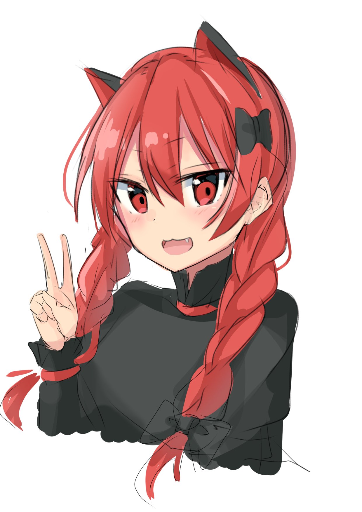 1girl :3 :d animal_ears black_bow bow braid cat_ears cropped_torso dress extra_ears eyebrows_visible_through_hair fang green_dress hair_between_eyes hair_bow hand_up highres kaenbyou_rin light_blush long_sleeves looking_at_viewer open_mouth red_eyes redhead simple_background sketch smile solo touhou tsukikaze_aki twin_braids twintails upper_body v white_background