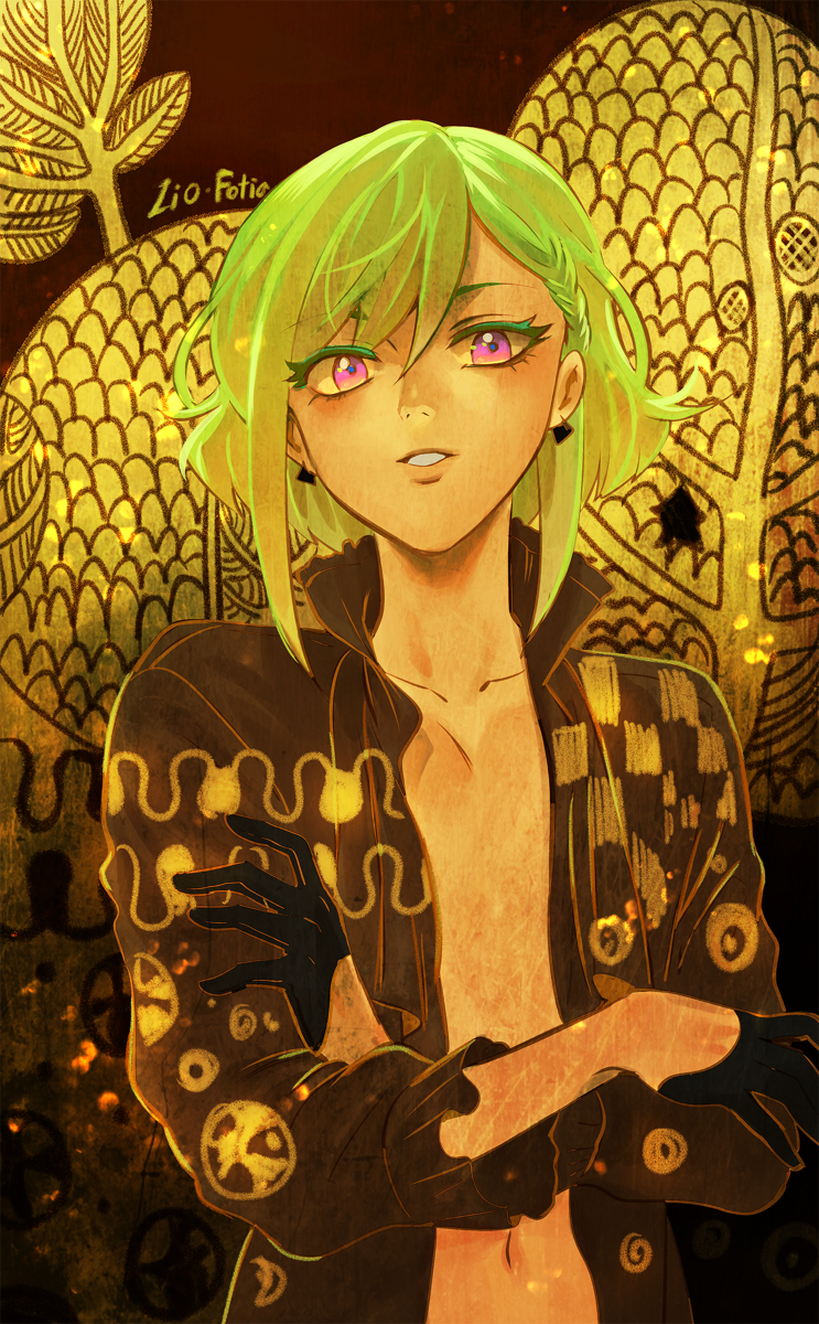 1boy 302 androgynous bare_chest black_gloves black_jacket blonde_hair crossed_arms duplicate fine_art_parody gloves glowing glowing_hair green_hair half_gloves highres jacket lio_fotia male_focus open_clothes open_jacket parody pixel-perfect_duplicate promare solo tree violet_eyes
