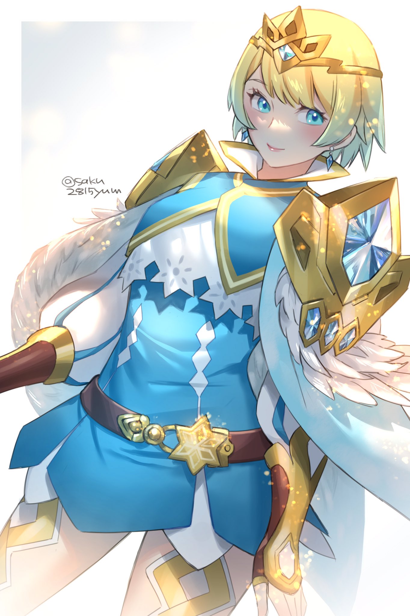 1girl armor armored_dress bangs belt blonde_hair blue_dress blue_eyes blue_hair blush brown_belt brown_gloves cape commentary dress earrings feather_trim fingerless_gloves fire_emblem fire_emblem_heroes fjorm_(fire_emblem) gloves gradient_hair hair_between_eyes highres jewelry lips looking_at_viewer multicolored_hair pink_lips short_hair shoulder_armor smile solo thighs tiara tombsakura twitter_username two-tone_hair white_cape