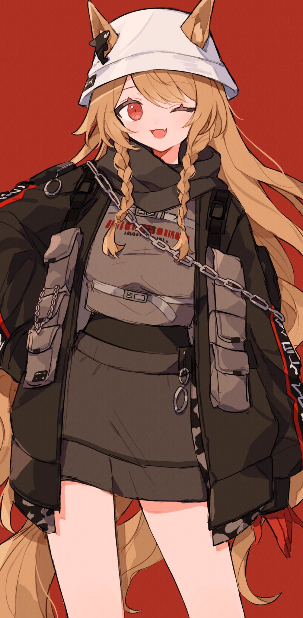 1girl ;d animal_ears arknights arm_at_side bangs black_jacket black_scarf black_skirt braid brown_hair brown_shirt ceobe_(arknights) ceobe_(unfettered)_(arknights) chain contrapposto cowboy_shot dog_ears ears_through_headwear eyebrows_visible_through_hair fang gloves hair_ornament hand_on_hip hat high-waist_skirt highres jacket kabe_sakana long_hair long_sleeves looking_at_viewer official_alternate_costume one_eye_closed open_clothes open_jacket open_mouth orca_hair_ornament pouch red_background red_eyes red_gloves scarf shirt simple_background skin_fang skirt smile solo swept_bangs twin_braids very_long_hair whale_hair_ornament white_headwear