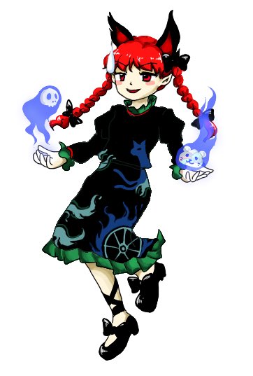 1girl amaho_yaro25 animal_ears black_bow black_dress black_footwear black_ribbon blue_fire blush bow braid cat_ears dress extra_ears fire flaming_skull floating_skull ghost green_dress hitodama holding holding_skull kaenbyou_rin leg_ribbon open_mouth otter puffy_sleeves red_eyes redhead ribbon simple_background skull smile sweatdrop touhou twin_braids wheel white_background zun_(style)