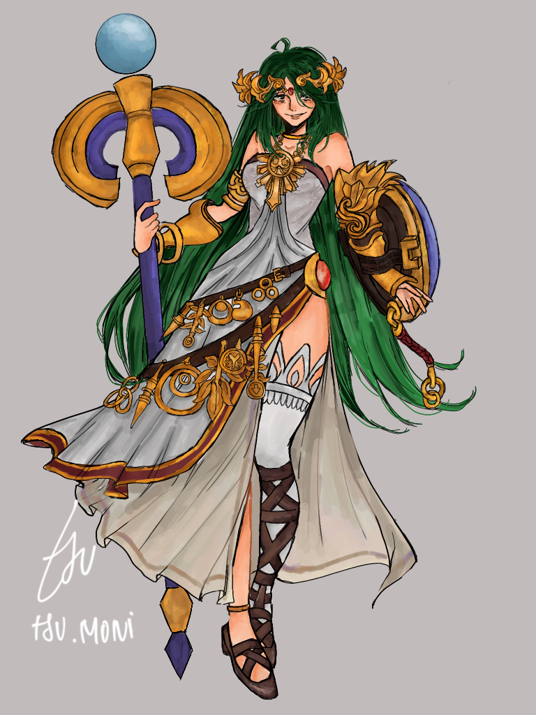 1girl bangs bare_shoulders bracelet breasts choker commission commissioner_upload dress green_eyes green_hair grey_background high_heels holding holding_staff jewelry kid_icarus kid_icarus_uprising long_hair necklace palutena parted_bangs pendant shield side_slit signature single_thighhigh sleeveless sleeveless_dress smile solo staff strapless strapless_dress thigh-highs tsu_moni tsumoni very_long_hair white_dress white_legwear